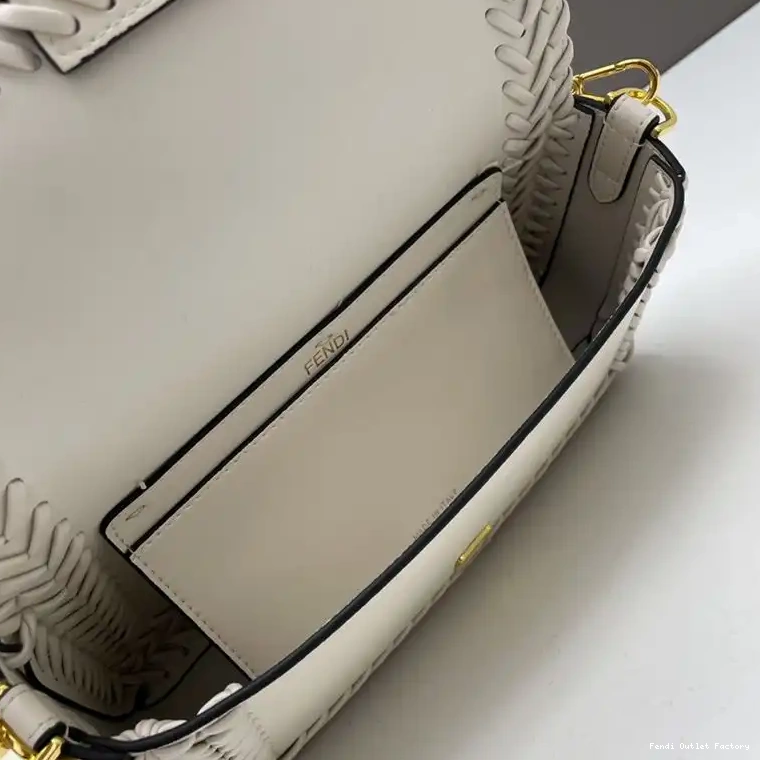 Vintage HOT In Baguette Fendi Bag Leather Medium White Stitching 0607